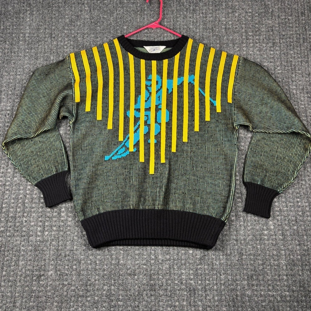 Profile Vintage Ski Graphic Knit Sweater XL Black Yellow Blue Wool Blend 80's